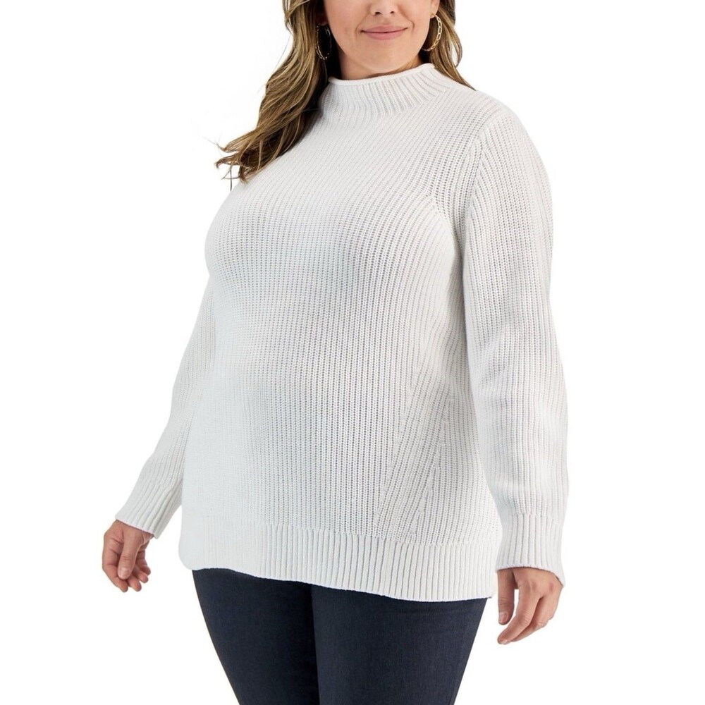 Karen Scott Women's Mock Neck Luxsoft Cable-Knit Sweater (3X, Luxsoft White)